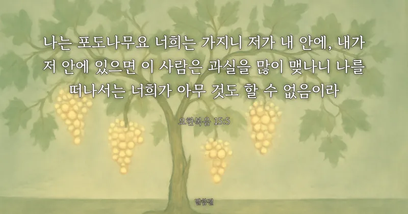 요한복음 15:5 — 나는 포도나무요 너희는 가지니 저가 내 안에, 내가 저 안에 있으면 이 사람은 과실을 많이 맺나니 나를 떠나서는 너희가 아무 것도 할 수 없음이라