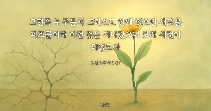 고린도후서 5:17 — 그런즉 누구든지 그리스도 안에 있으면 새로운 피조물이라 이전 것은 지나갔으니 보라 새것이 되었도다